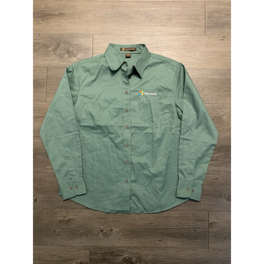 VINTAGE Microsoft Shirt Womens Large Green Employee Button Up Embroidered Logo